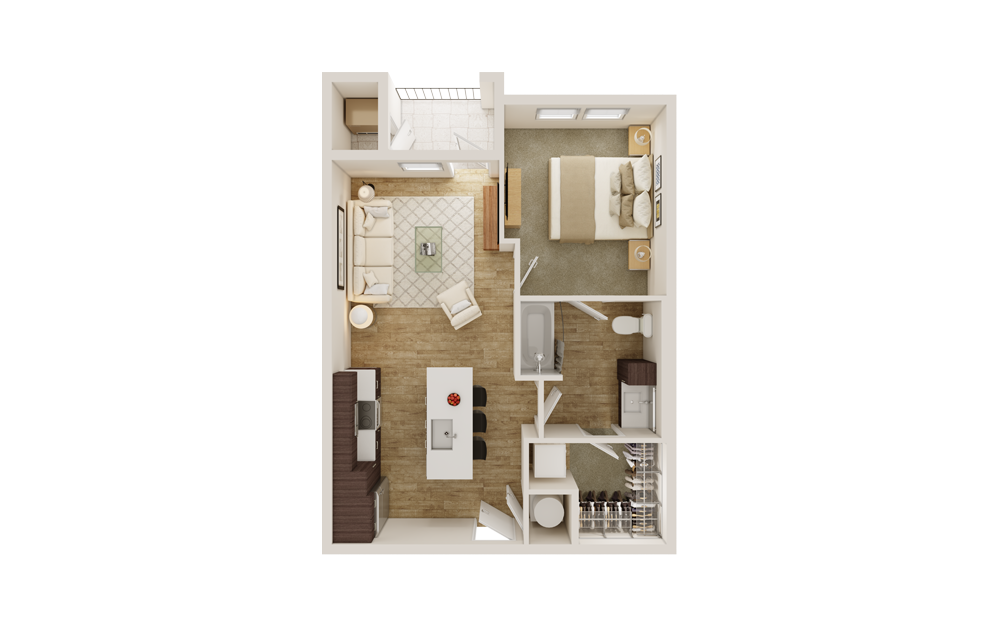 A1 - 1 bedroom floorplan layout with 1 bathroom and 648 square feet (3D)