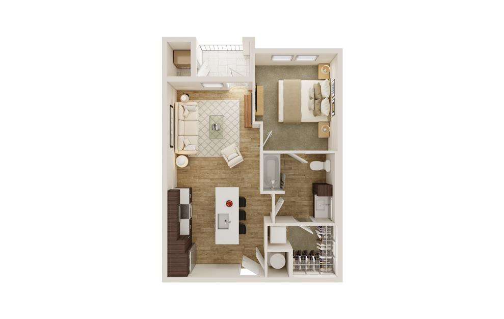 A1 - 1 bedroom floorplan layout with 1 bath and 648 square feet. (3D)