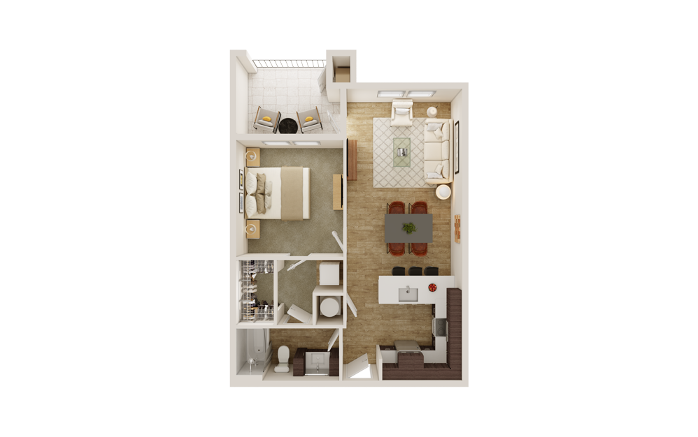 A2 - 1 bedroom floorplan layout with 1 bathroom and 732 square feet (3D)