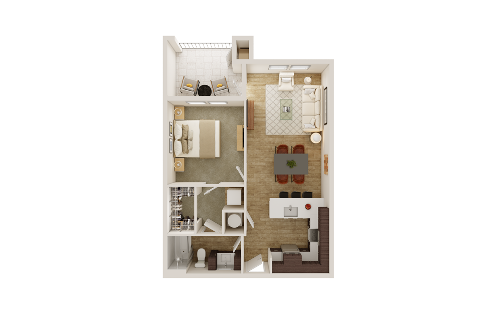 A2 - 1 bedroom floorplan layout with 1 bath and 732 square feet. (3D)