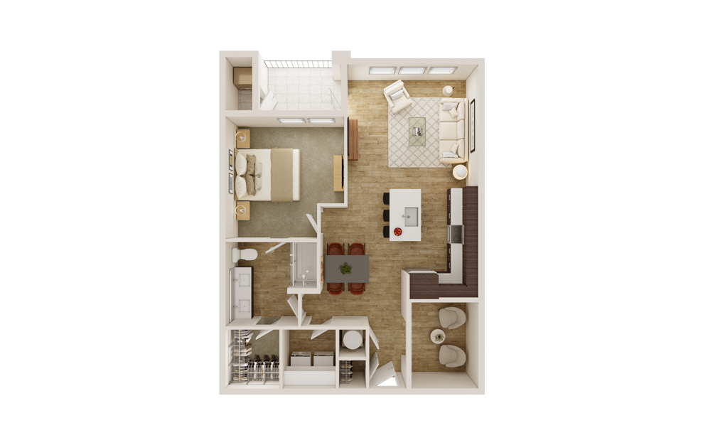 A4D - 1 bedroom floorplan layout with 1 bath and 919 square feet. (3D)