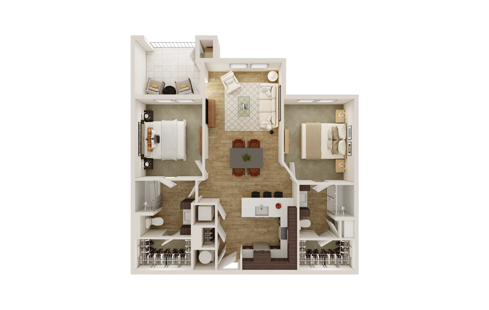 B1 - 2 bedroom floorplan layout with 2 baths and 1031 square feet. (3D)