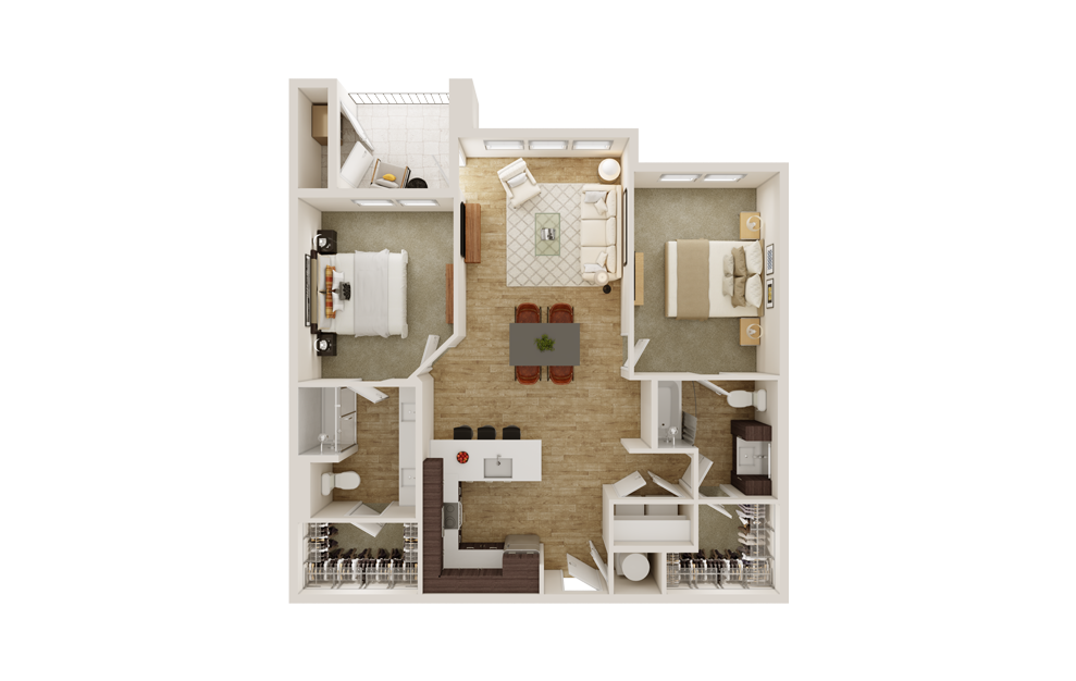 B3 - 2 bedroom floorplan layout with 2 baths and 1151 square feet. (3D)