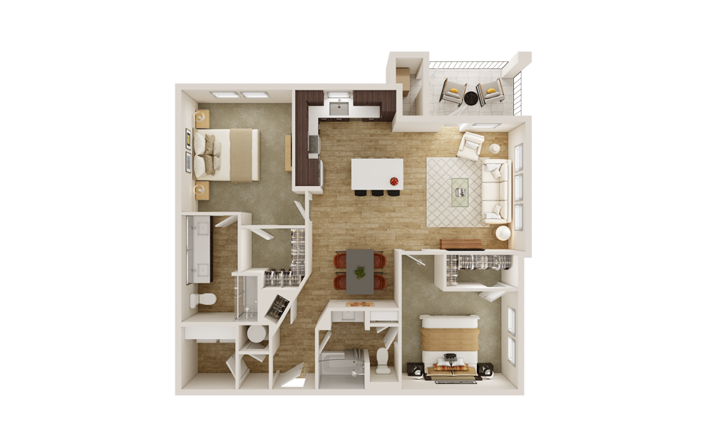 B4 - 2 bedroom floorplan layout with 2 baths and 1193 square feet. (3D)