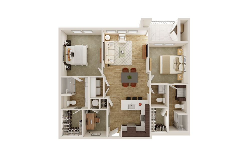 B5D - 2 bedroom floorplan layout with 2.5 baths and 1227 square feet. (3D)