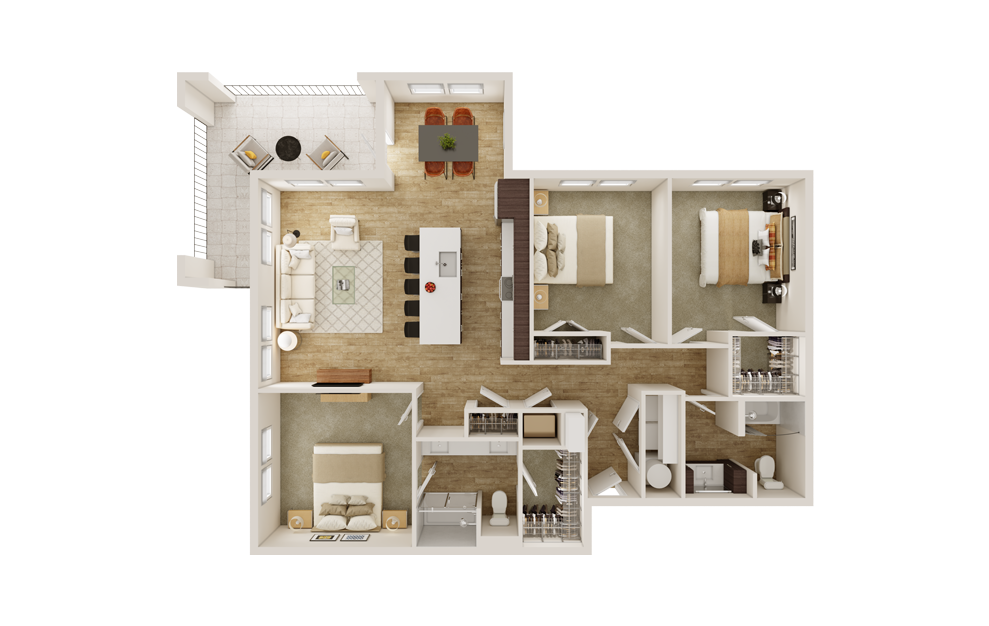 C1 - 3 bedroom floorplan layout with 2 baths and 1428 square feet. (3D)
